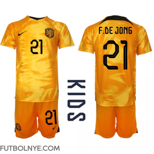 Camiseta Países Bajos Frenkie de Jong #21 Primera Equipación para niños Mundial 2022 manga corta (+ pantalones cortos)